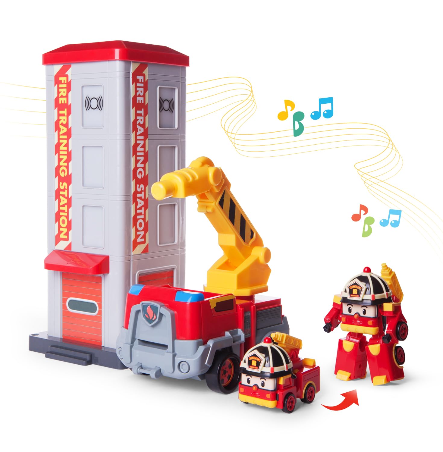 Robocar Poli Toys, Roy Fire Station Playset, Rescue Training Fire Truck Toy Car with Mini Transforming Robot Roy, Tower, Extension Ladder and Flashing Lights & Siren Sounds