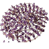 Women's 5-7 mm Amethyst Wire Wrapped Chip Beads, Rosary Style Beaded Chain for Jewelry making, 925 Silver Gold Polish Amethyst Connector (1Foot To 5Feet Options)