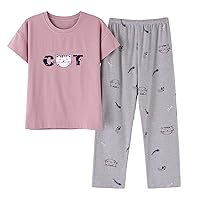 Vopmocld Big Girls' 2-Piece Cotton Pajamas Cute Cat Panda Sleepwear Short Sleeve Long Pants Nighty Sets