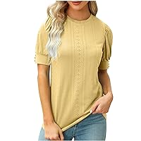 Womens Summer Puff Short Sleeve Shirts Casual Eyelet T Shirts Crewneck Loose Fit Blouse Ladies Tunic Tops for Leggings