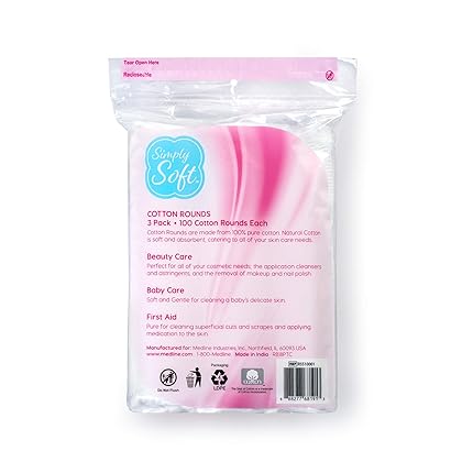 Simply Soft Cotton Rounds, 100% Cotton, Absorbent and Textured Cotton Pads are Lint Free, 100 Count (Pack of 3)