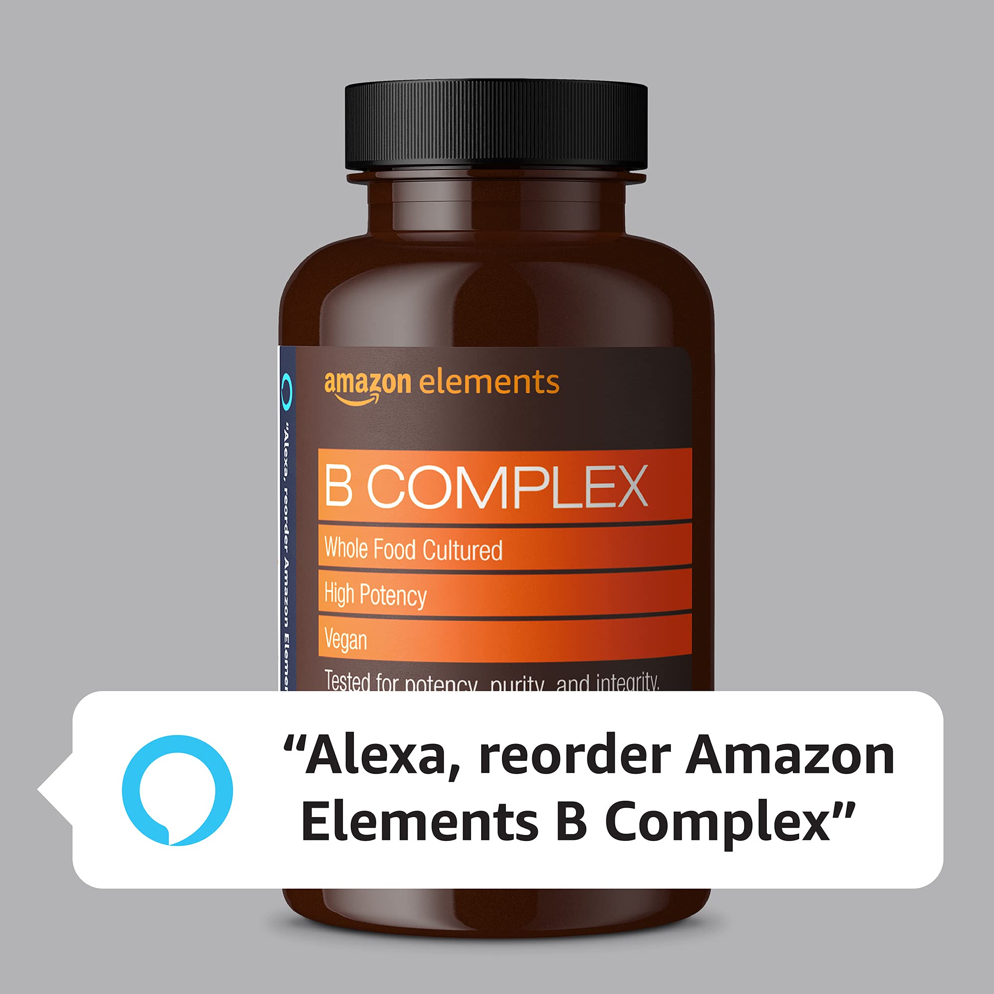 Amazon Elements B Complex, High Potency, 83% Whole Food Cultured, Supports Immune and Normal Energy Metabolism, Vegan, 65 Capsules, 2 month supply (Packaging may vary)