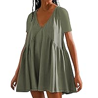 Women's Mini Dress Short Sleeve V Neck Casual Loose Babydoll Dress Summer Sundresses 2024