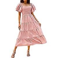 Women's 2024 Summer Dresses Square Neck Puff Short Sleeve Casual High Waist Flowy A Line Smocked Ruffle Midi Dress