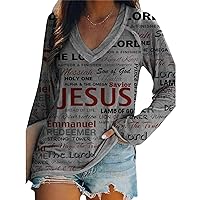 ZOCAVIA Jesus Shirts for Women Long Sleeve T-Shirts V Neck Jesus Tee Sweatshirt Christain Letter Print Casual Pullover Tops