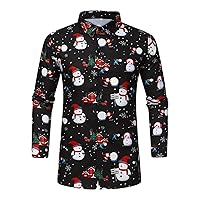 Mens Christmas Shirts Long Sleeve Print Reindeer Xmas Trees Graphic Button Down Top Prom Wedding Party Dress Shirt