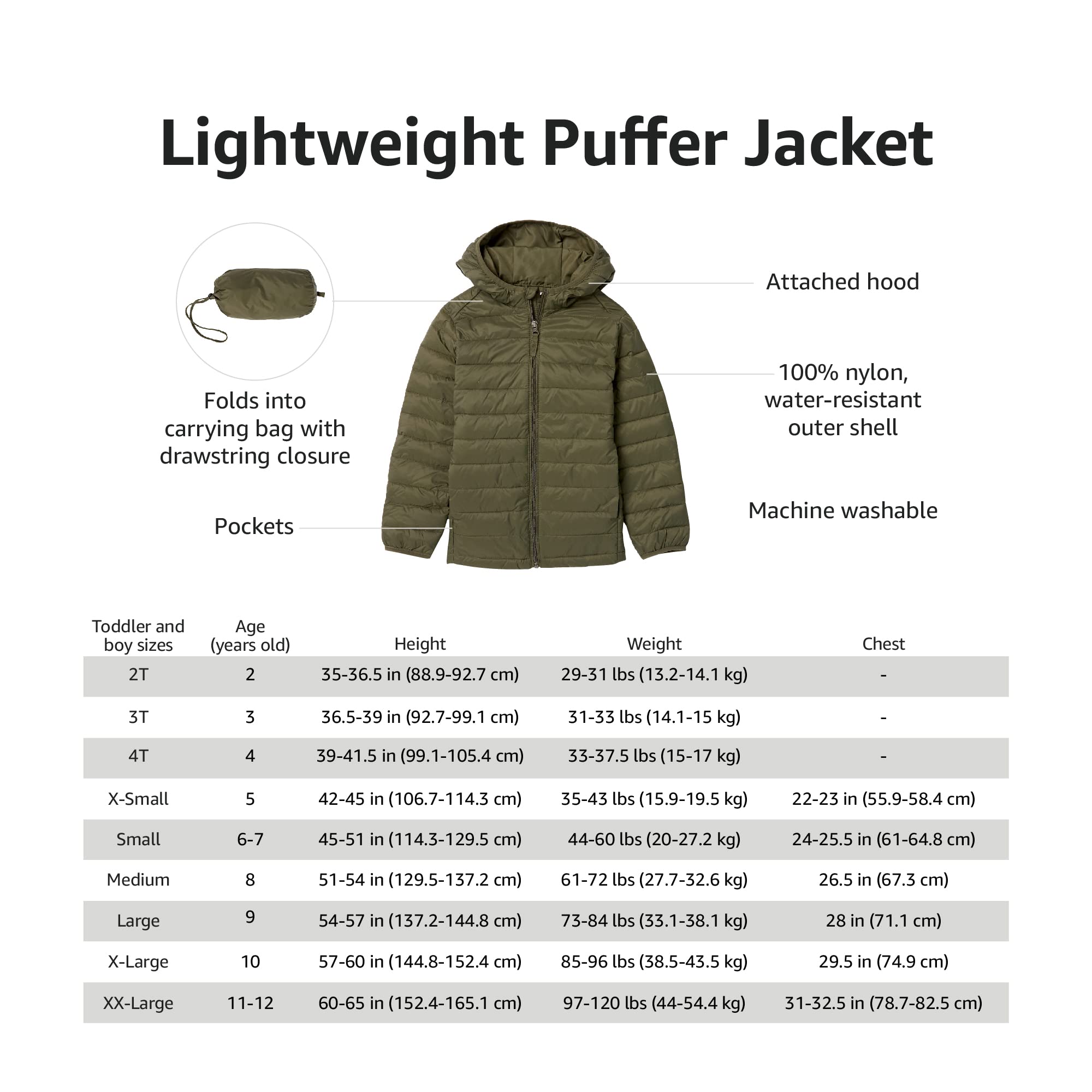 Amazon Essentials Boys and Toddlers' Lightweight Water-Resistant Packable Hooded Puffer Coat