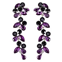 Alilang Metal Tone Grape Colored Stone Embellished Flower Leaves Dangling Earrings, Purple