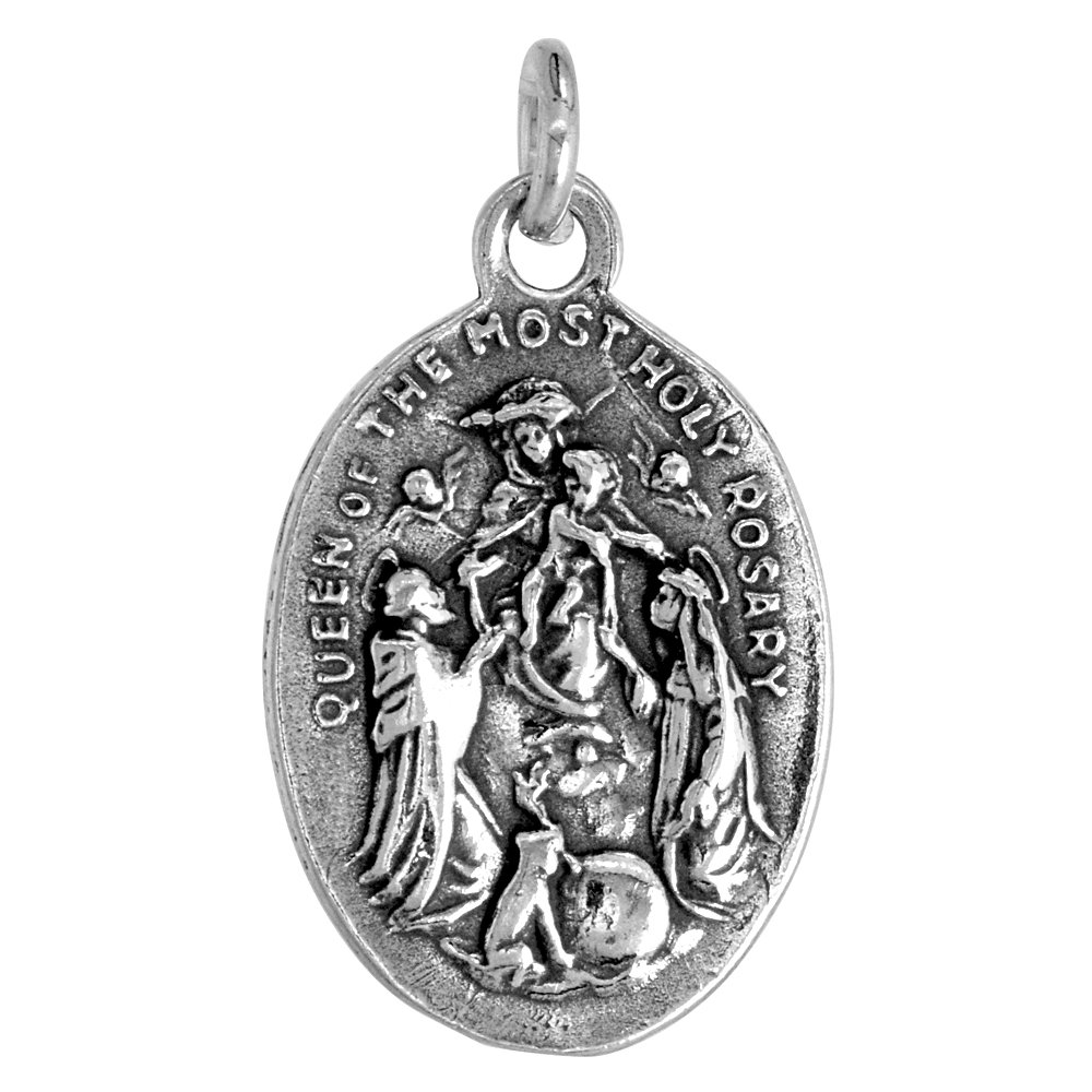Sterling Silver St Dominic and Queen of the Most Holy Rosary Medal Pendant Oxidized finish 1 inch 0.8mm Chain