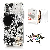 STENES Sparkle Case Compatible with iPhone 13 Pro Max - Stylish - 3D Handmade Bling Rose Flowers Bows Crown Crystal Rhinestone Glitter Design Cover Case with Screen Protector [2 Pack] - Black