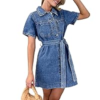 Denim Shirt Dress for Women Summer Short Sleeve Button Down Shirt Jean Dresses with Belt