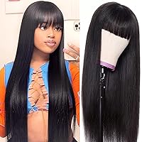 Straight Wig with Bangs Human Hair Brazilian Virgin None Lace Front Wigs 150% Density Glueless Machine Made Human Hair Wigs for Black Women Natural Color(26 Inch, Straight)