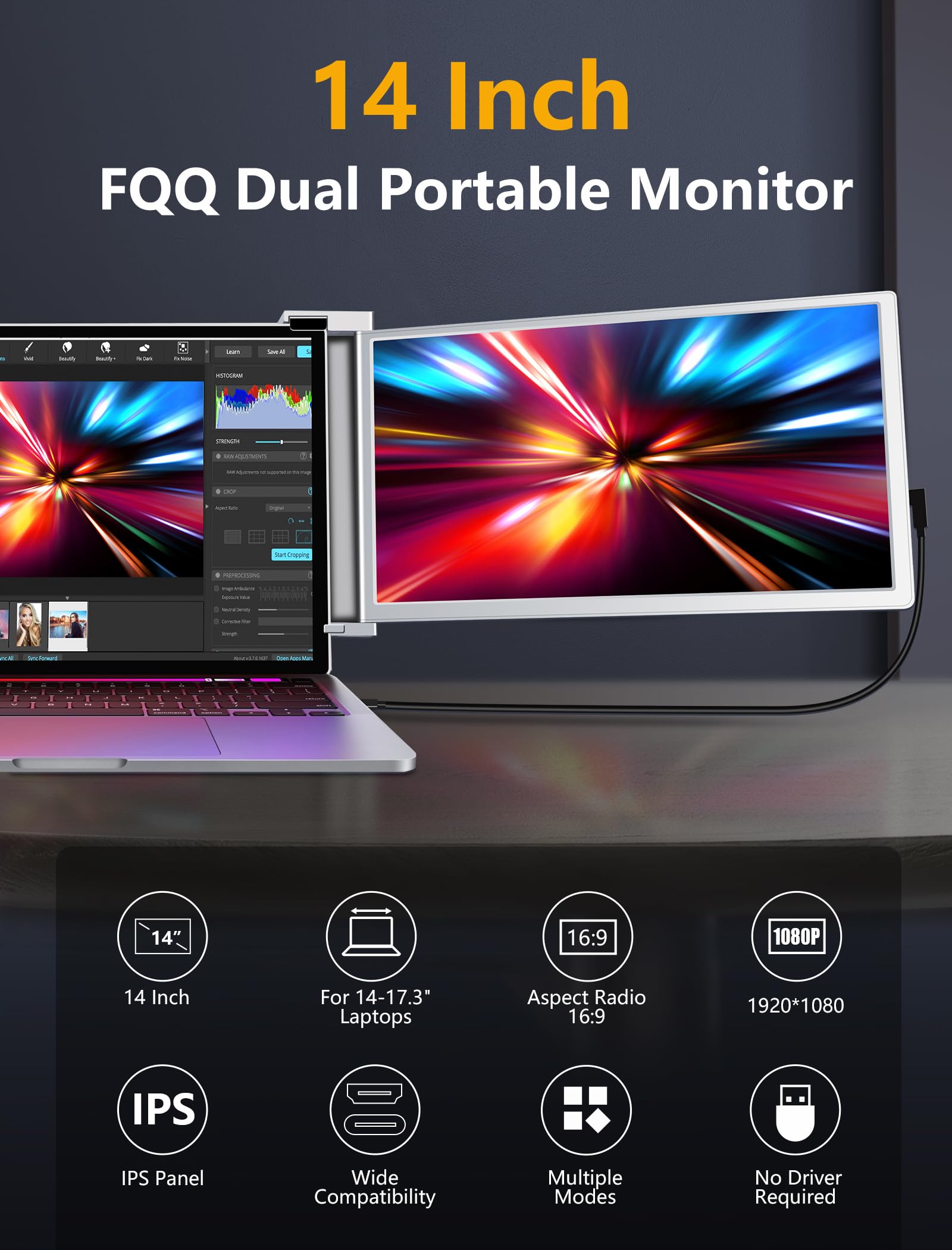 FQQ 14” Dual Screen Monitor - FHD 1080P IPS Portable Laptop Monitor Extender with USB-C & Mini HDMI Port, Plug & Play, Easy to Carry, Lightweight Side Screen for 14-17” Laptops, Switch, Xbox, S14 Grey