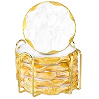 Hoolerry 6 Pieces Gold Marble Coasters with Holder Round Coasters Gold Edge for Drinks Natural Marble Modern Drink Coasters for Space Decoration Table Protection(Classic Style)
