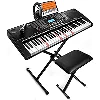 61 Key Portable Electronic Keyboard Piano w/Lighted Full Size Keys,LCD,Headphones,X-Stand,Stool,Music Rest,Microphone,Note Stickers,Built-In Speakers,3 Teaching Modes,Ideal for Beginner Adult