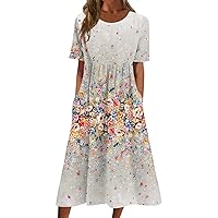 Classic Summer Long Short Sleeve Dresses for Women Active Baggy Cool Graphic Dress Cotton Pocket Pullover.