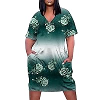 A Line Dresses for Women, Empire Waist Dress for Women Womens Maxi Dress V-Neck Dress Ladies Loose Short Sleeve Trendy Knee Breathable Plus Size Women's Pocket Daily Dressy for (Dark Green,Small)