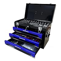Tool Box with Tool Set 3 Drawers Metal Toolbox Portable Tool Chest Organizer with Ball-Bearing Drawer Slides for Garage Workshop Black+Blue