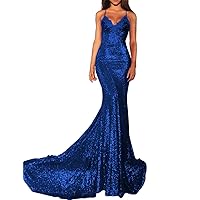 Women's Sexy Mermaid Sequin Evening Party Dress Long Spaghetti Strap Formal Prom Gowns