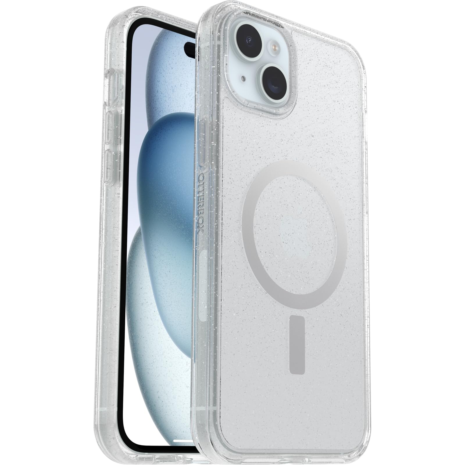 OtterBox iPhone 15 Plus and iPhone 14 Plus Symmetry Series Clear Case - STARDUST (Clear/Silver), snaps to MagSafe, ultra-sleek, raised edges protect camera & screen