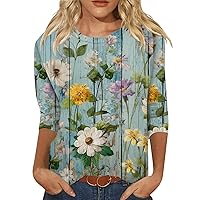 3 Quarter Sleeve Tops for Women Floral Prints Summer Tops 2024 Blouses Crewneck Solid Color Tops Loose Fit Pullover