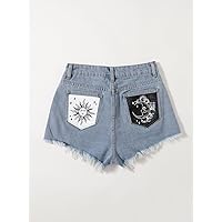 Jean Shorts Womens Sun & Moon Print Denim Shorts (Size : Small)