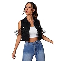 SweatyRocks Women's Casual Crop Denim Vest Fringe Tassel Trim Button Down Sleeveless Jean Jackets