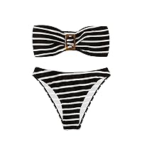 Women's 2 Piece Strapless Swimsuit Striped Bandeau High Waisted Thong Bikini Set Bathing Suit
