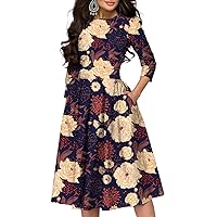 Simple Flavor Women's Floral Evening Flare Vintage Midi Dress 3/4 Sleeve(XH3159BL,XX-Large)