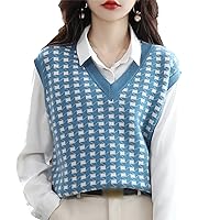 Women's 100% Wool Vest Top Spring Colorblock V Neck Sleeveless Plus Size Cashmere Sweater Knit Vest Top