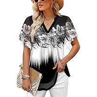 onlypuff Womens Double Layered Tunic Tops Half Sleeve Floral Double Layered Sheer Flowy Blouse Round/V Neck Casual Shirts