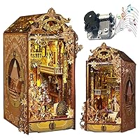 Cjeuxnr Book Nook Kit,DIY Dollhouse Book Nook Miniature Kit, 3D Wooden Puzzle Bookshelf Insert Decor Bookends Kits with LED Light and Music Box Creative Room Ideas Gift