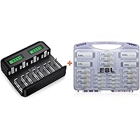 EBL LCD Universal Battery Charger with EBL Rechargeable Batteries Purple Super Power Battery Box Kit Include : 12 AA Batteries + 8 AAA Batteries +2pcs C/D Adapters