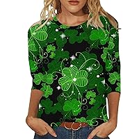 St Patricks Day Shirt for Women Shamrock 3/4 Sleeve Irish Festival Holiday Tee Crew Neck Loose Fit Causal Tops