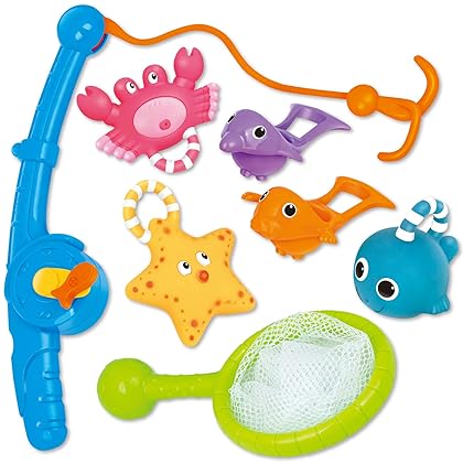 KarberDark Bath Toy, Fishing Floating Squirts Toy and Water Scoop with Organizer Bag(8 Pack), Fish Net Game in Bathtub Bathroom Pool Bath Time for Kids Toddler Baby Boys Girls, Bath Tub Spoon