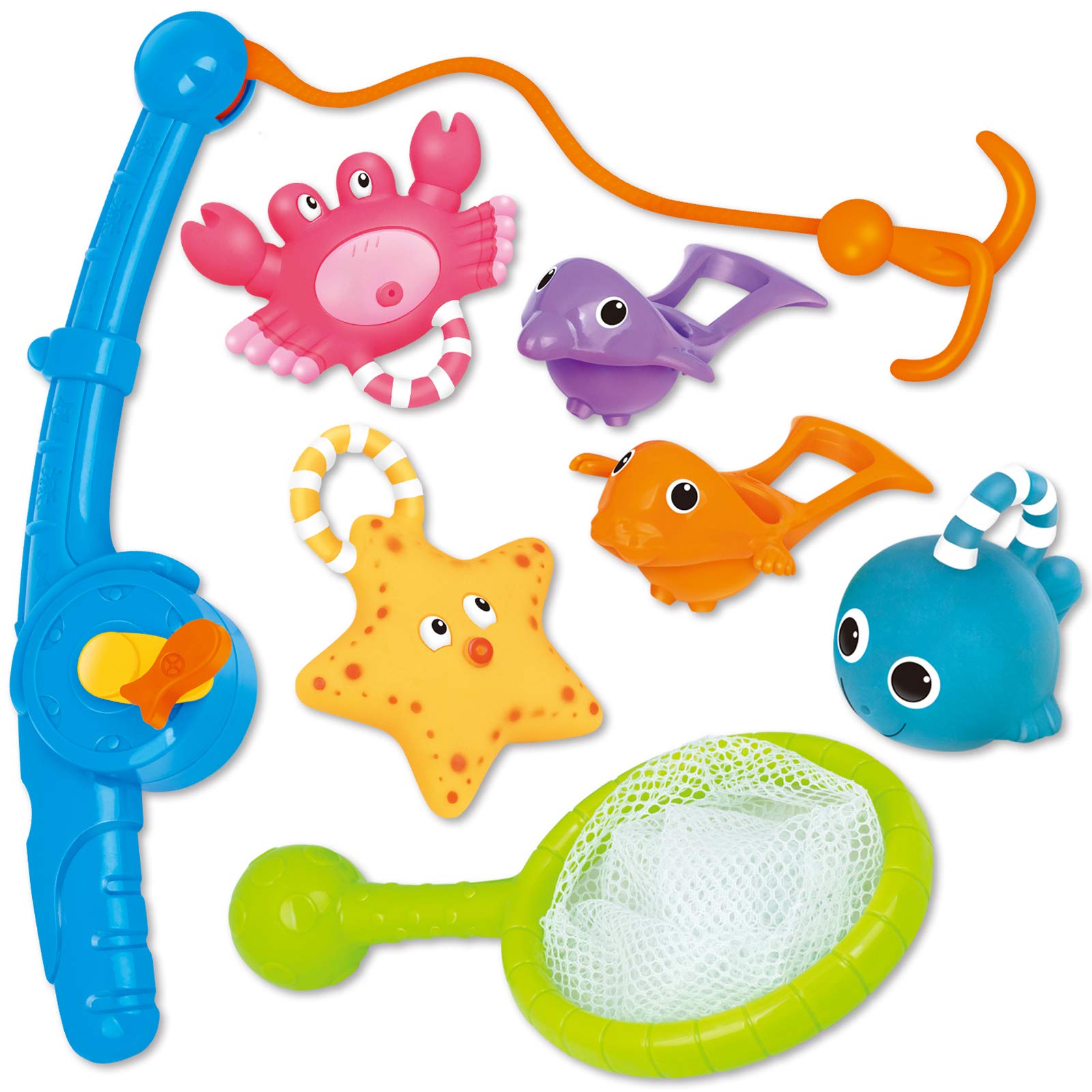 KarberDark Bath Toy, Fishing Floating Squirts Toy and Water Scoop with Organizer Bag(8 Pack), Fish Net Game in Bathtub Bathroom Pool Bath Time for Kids Toddler Baby Boys Girls, Bath Tub Spoon