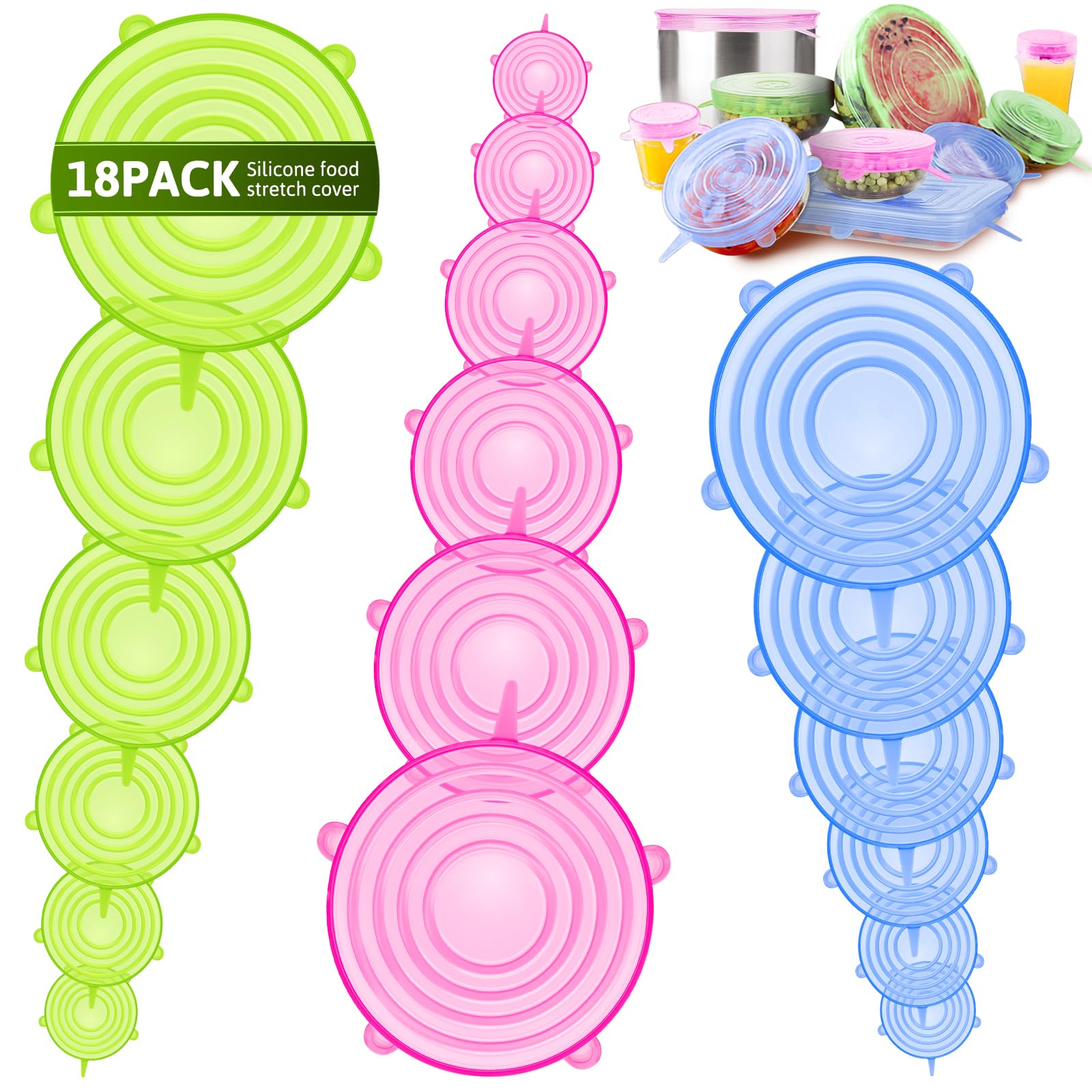 BFONS 18 Pack Silicone Stretch Lids, 6 Different Sizes Silicone Lids 100% Safe Food Grade Silicone to Meet Most Container, Microwave Cover for Food Storage, Silicone Can Cover, Silicone Bowl Covers