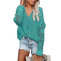 Dokotoo Crochet Lace V Neck Long Sleeve Hollow Out Cable Knit Cardigan for Women Sweaters Tops