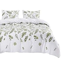 Wake In Cloud - Leaves Comforter Set, Green Plant Botanical Tree Leaf Pattern Printed on White, Soft Microfiber Bedding (3pcs, Queen Size)