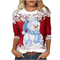 Women's Casual Christmas Tops 3/4 Sleeve Shirts Crewneck Snowman Dressy Tops Trendy Christmas Tree Blouses T Shirts