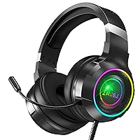 NJSJ Gaming Headset with Microphone for PC Xbox One PS4 PS5 Noise Cancelling Over Ear Headphones with Stereo Surround Sound, Soft Memory Earmuffs, RGB Light, 3.5mm Audio Jack Gaming Headphones