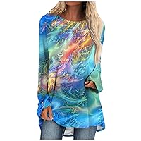Fall Long Sleeve Shirts for Women Dressy Casual Sweatshirts O Neck Blouse Printed Tunic Tops Loose Pullover