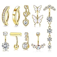 YADOCA 9Pcs Clicker Belly Button Ring Dangling Cute Colorful CZ Butterfly Heart Belly Rings for Women 14G Stainless Steel Belly Button Piercing Jewelry