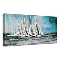 Anolyfi Sailboat Wall Art Canvas Teal Abstract Painting Textured Picture Artwork, Vintage Nautical Painting, Coastal Modern Print 48