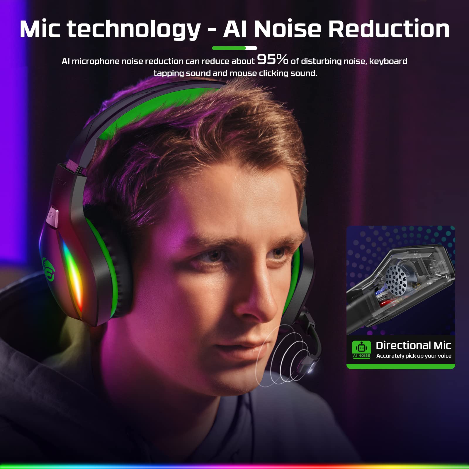 Fachixy Gaming Headset with Microphone for PS4/PS5/PC/Nintendo Switch, Xbox One Headset with RGB Light, Computer Gamer Headset with Mic