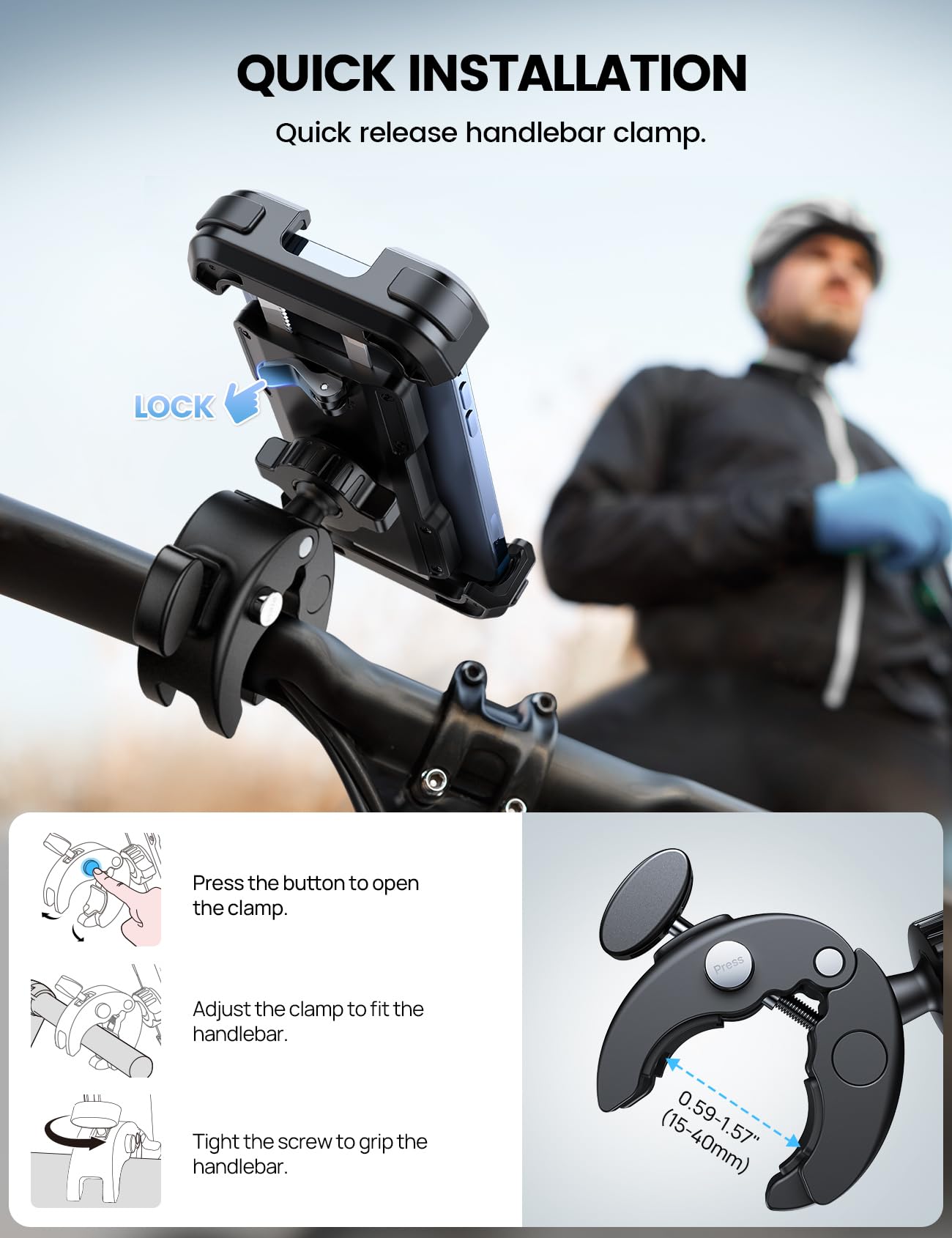 Lamicall Motorcycle Phone Mount, Bike Phone Holder - Upgrade Quick Install Handlebar Clip for Bicycle Scooter, Cell Phone Clamp for iPhone 14 Pro Max / 13/12, Galaxy S10 and More 4.7-6.8