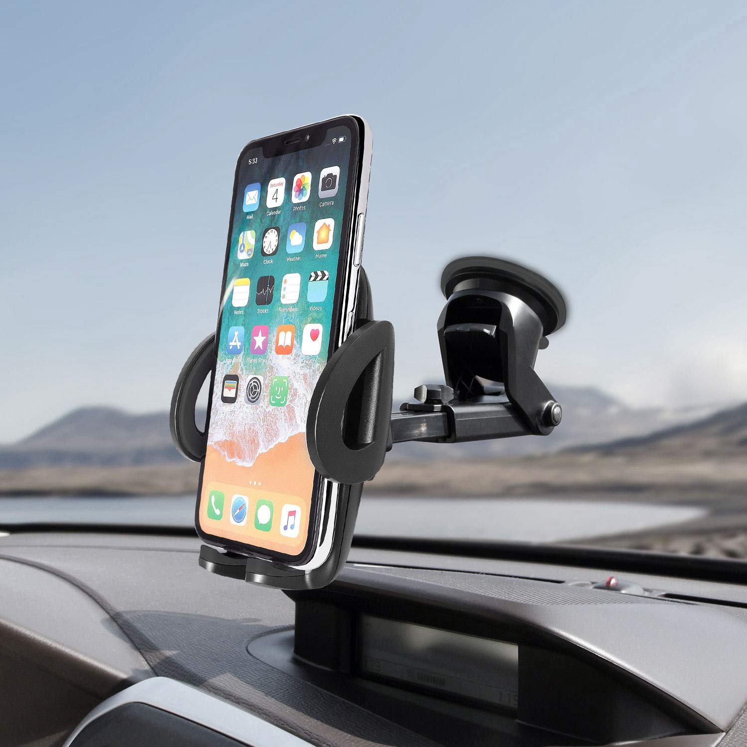Car Phone Holder Mount Phone Mount for Car Windshield Dashboard Universal Hands Free Automobile Cell Phone Holder Compatible with Apple iPhone, Samsung Galaxy, Google Pixel
