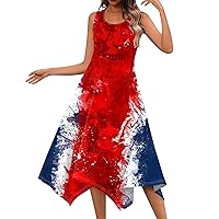 American Flag Dresses for Women 4th of July Casual Fashion Round Neck Sleeveless Irregular Hem Midi Dress