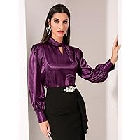 Jeans for Women Keyhole Neck Bishop Sleeve Satin Blouse Jeans for Women (Color : Purple, Size : X-Small)