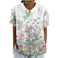 Summer Cotton Linen Lapel Pullover Tops Women Casual Floral Print Shirts Plus Size Short Sleeve Keyhole Back Blouses